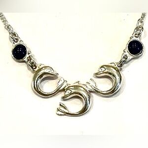 Vintage Hand Made 3 Minoan Dolphins with 2 Lapis Greek Sterling Silver Nacklace